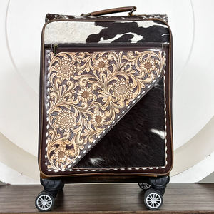 New Arrival Western Style Hand <b>Tooled</b> Cow Leather Rolling Suitcase Designer Luggage Carry Travel <b>Case</b> with 360° Spinner Wheels - Product Image 4