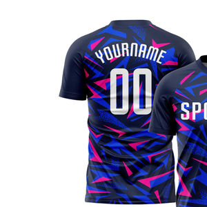 เสื้อฟุตบอลสีน้ำเงินเข้มพร้อมดีไซน์กราฟิกสีชมพูเสื้อฟุตบอลแขนสั้นระบายอากาศได้ดีแห้งเร็วชุดกีฬาฝึกซ้อมการแข่งขัน - Product Image 4