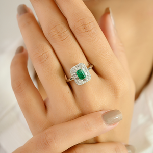 สินค้าขายดี แหวนคลัสเตอร์คู่มรกตและเพชรแท้ 100% ทองคำขาว 14K สำหรับงานหมั้นและงานแต่งงาน - Product Image 4
