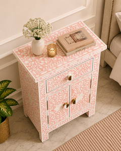 Pink Bone Inlay Wood Side <b>Table</b> Storage Ottoman Floral Pattern <b>Bedside</b> Cabinet Hand Finished Accent <b>Stool</b> - Product Image 3