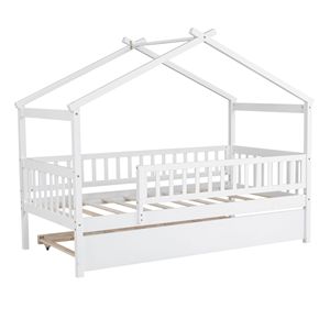Letto a casetta in legno per bambini, misura singola, con letto estraibile bianco per bambini - Product Image 4