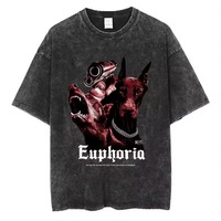 Kaos Pria Regular Fit Acid Wash dengan Cetakan Rottweiler Lengan Pendek O-Neck Gaya Jalanan Bahan Jersey Katun 220g yang Bernapas
