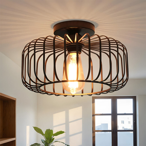 Plafonnier rond en métal, design en forme de cage en fil métallique, luminaire de style industriel pour salon, utilisation intérieure, décoration de maison durable - Product Image 1