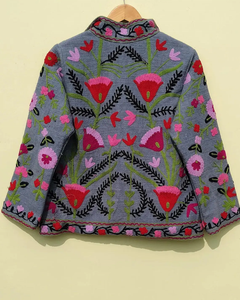 <b>Women's</b> Grey Embroidered Suzani TNT <b>Jacket</b> Breathable Winter Coat with Short Design Knitted Processing - Product Image 2