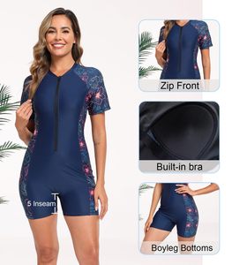 Colors Zipper up Details Short Sleeve Surf Swimwear Short One Piece Swimsuit Plus Size <b>Bathing</b> Suits S-2XL - Product Image 4