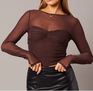 Camiseta Corta de Manga Larga para Mujer, de Malla Transparente, Transpirable, Sexy, Cuello Redondo, de Alta Calidad OEM - Product Image 4