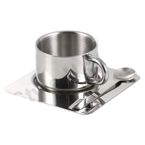 Juego de tazas de té de acero inoxidable de doble pared de diseño clásico con bandeja mate taza de té mango de empuñadura taza de Metal moderna - Product Image 1