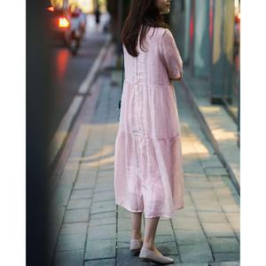Bohemian Pink Cotton Linen Midi <b>Dress</b> With O-Neck <b>Loose</b> Fit Short Sleeve Summer Casual Women's Maxi <b>Dress</b> - Product Image 4