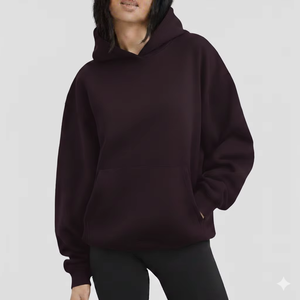 Sweat à capuche long en polaire tissée oversize confortable pour femme, style streetwear décontracté d'hiver, coupe ample avec logo frontal - Product Image 3