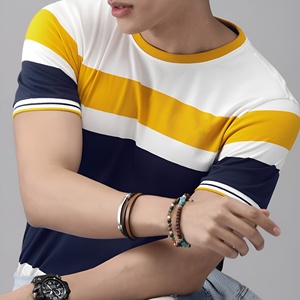 Camiseta de algodón a rayas con bloques de color para hombre, camiseta informal de manga corta a la moda de verano, ropa de calle cómoda y transpirable, camiseta con cuello redondo - Product Image 4