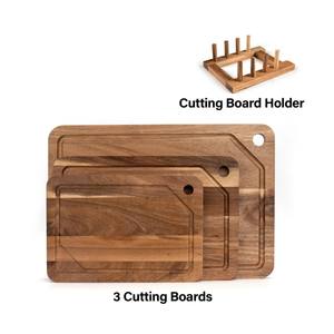 Ensemble de 3 planches à découper en bois d'acacia de qualité supérieure avec support et rainure pour les jus, pour cuisine, restaurant, vente en gros - Product Image 3