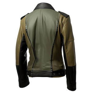 Chaqueta de cuero para hombre, color verde oliva y negro, con cuello vuelto, cierre de cremallera, estilo motero, con cinturón, chaquetas de cuero personalizadas. - Product Image 2