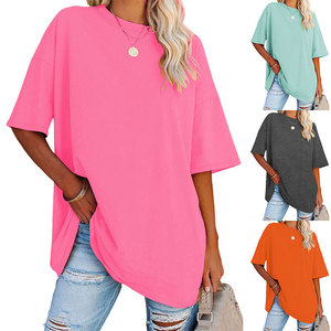 T-shirt en coton à manches courtes et col rond pour femme, coupe ample, couleur unie, vêtements décontractés pour le printemps et l'été - Product Image 1
