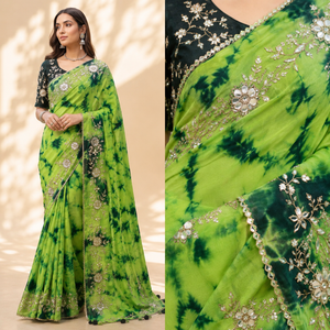 Sari en soie Upada vert tie-dye vintage, longueur ras du sol, infroissable, protection solaire, broderie miroir, pour femme, tenue de soirée indienne - Product Image 4