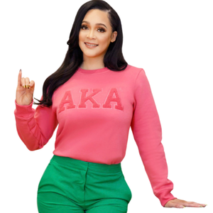 <b>Pink</b> Solid Color AKA Chenille <b>Sweatshirt</b> for Women Long Sleeve Crew Neck Fleece Casual Embroidered Pullover Fashion Apparel Top - Product Image 1