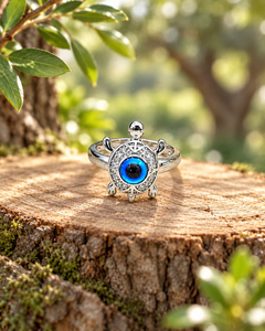 Anillo Ojo Turco de Plata 925 con Baño de Rodio, Engaste Pavé, Cristal Azul Central, Diseño Geométrico, Moderno, Unisex, para Uso Diario - Product Image 1