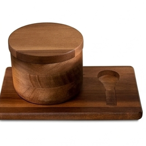Round Wooden Salt And Sugar Bowl With Lid And Spoon For Herb & Spice Storage Durable Modern Kitchen Design For Elegant Dinning - Product Image 1