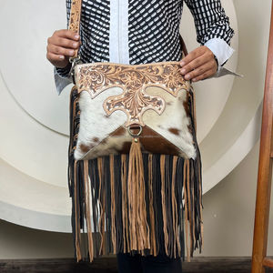 Factory Direct Wholesale Hand Tooled Leather Cowgirl Fringe Crossbody Bag for Women's Hair on Cowhide Leather Shoulder Handbag - Product Image 4