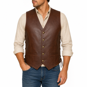 Chaleco de Cuero Genuino Marrón para Hombre, Estilo Vintage con Cuello en V, Cierre de Botones y Espalda con Cordones, Ropa de Abrigo para Otoño - Product Image 4