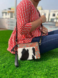 New Western Style Tooled Hair on Hide Fur Leather Sling <b>Bag</b> Women Handcrafted <b>Colour</b> Tooled Leather Wristlet Hand Clutch Purses - Product Image 2