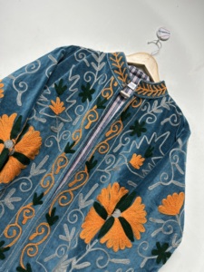 <b>Womens</b> Suzani Embroidered Cotton <b>Velvet</b> Jacket Handmade Floral Boho Ethnic Indian Winter <b>Coat</b> Stand Collar Breathable Wholesale - Product Image 3