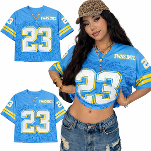 Camiseta de Fútbol Corta para Mujer al por Mayor, Personalizada, de Malla de Poliéster Transpirable, con Número Impreso, Estilo Urbano, OEM, Camiseta de Fútbol Americano - Product Image 1