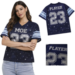 เสื้อเจอร์ซีย์อเมริกันฟุตบอลผู้หญิงสุดหรู ประดับคริสตัลวิบวับ สั่งทำโลโก้ได้ ผลิตจำนวนมากแบบ OEM ขายดี ผู้ผลิตเสื้อผ้าสตรีทแวร์ - Product Image 1