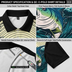 Fishing Marca Men's <b>Black</b> Quick Dry <b>Polo</b> Shirt With Fish Print UPF 50 For Outdoor Fishing Wear - Product Image 6