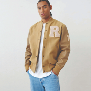 <b>Men's</b> Tan Varsity <b>Jacket</b> With Embroidered Letter R Casual Regular Fit OEM Service Cotton <b>Canvas</b> Button Closure Varsity <b>Jacket</b> - Product Image 2