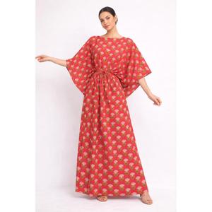 Women Pink Floral Block Print Cotton Kaftan Maxi <b>Dress</b> Loose Fit <b>Boho</b> <b>Summer</b> Beach Resort Wear - Product Image 1