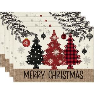 Merry Christmas Red Pine Trees Balls Placemats Set 4 12x18 Inch Winter Xmas <b>Table</b> <b>Mats</b> Kitchen Dining Party Decoration - Product Image 1