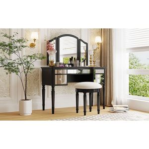 43\" Black Makeup Vanity Set for Bedroom <b>Dressing</b> Table with Mirrored Drawers and Stool Tri-Fold Mirror - Product Image 4