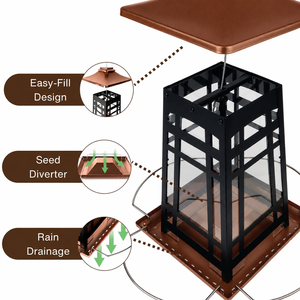 Comedero para pájaros de cobre personalizado con marco de acabado negro, comedero para pájaros silvestres de metal sólido para jardín exterior, a bajo precio. - Product Image 4