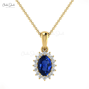 Pendentif en saphir bleu naturel ovale 6x4mm, or jaune 14 carats, diamant, bijoux fins, vente en gros - Product Image 1