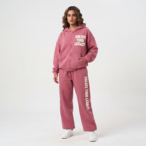 Ensemble survêtement femme en molleton avec impression en relief, sweat à capuche zippé oversize à manches longues et pantalon de jogging - Product Image 1