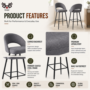 Silla de Bar Moderna, Duradera y Ergonómica de Tela con Patas de Metal Negro y Reposapiés para Restaurantes, Hoteles, Cafeterías, Cocinas y Comedores - Product Image 2