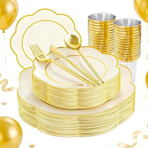 ชุดจานชามพลาสติกสีเบจ EI 180 ชิ้น ชุดจานสำหรับงานเลี้ยงแบบใช้แล้วทิ้ง ทนทาน พร้อมช้อนส้อมสีทองและสีเงิน ชุดจานชามสีขาว 30 ชุด - Product Image 1