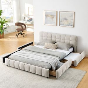 Letto matrimoniale imbottito confortevole con testiera in tessuto ciniglia solido e cassetti integrati - Letti imbottiti - Product Image 1