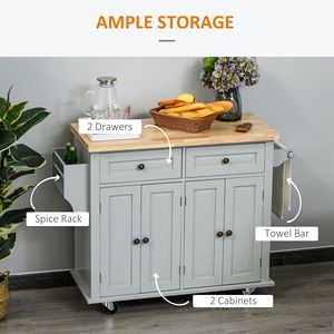 Carrello da Cucina Mobile Grigio in MDF Resistente con Piano in Legno di Gomma, Cassetti Portaoggetti, Portaspezie/Portasciugamani per Sala da Pranzo - Product Image 6