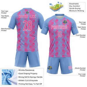 Ensemble de maillots de football personnalisés bleu ciel et rose, maillot et short de football pour hommes, vêtements d'équipe personnalisés - Product Image 3