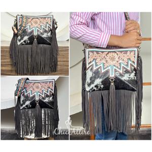 Bolso Bandolera de Cuero Genuino con Flecos, Estilo Bohemio, Hecho a Mano, de Moda, de Gran Venta, con Asa Cruzada y Diseño de Pelo de Vaca - Product Image 1