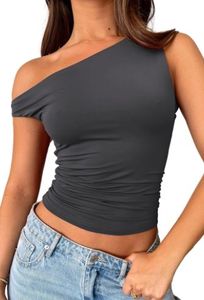 Women's Asymmetric <b>One</b> Shoulder Ruched Crop Tank <b>Top</b> Solid Color Knitted Spandex Cotton Blend - Product Image 2