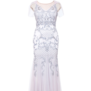 Elegant <b>Silver</b> Embroidered Mermaid Evening <b>Dress</b> | Short Sleeve Mesh Formal Gown | Luxury <b>Wedding</b> Occasion Wear Women Pranav - Product Image 1