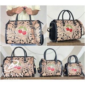 Handcrafted Cherry Hand <b>Tooled</b> Genuine Cowhide <b>Leather</b> Large Speedy Bag Western Floral Embossed Crossbody with Adjustable Strap - Product Image 1