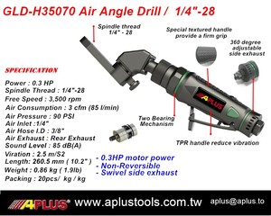 APLUS GLD-H35070 Air angle drill 0.3HP 3500 rpm length 260.5mm 0.86kg spindle <b>thread</b> 1/4"-28 or 9/32 x 40 <b>thread</b> AIRCRAFT <b>TOOL</b> - Product Image 2