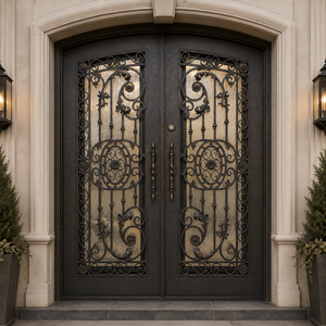 Porte d'entrée double en fer forgé noir de luxe avec panneaux en verre dépoli et motifs sculptés pour entrée de villa - Product Image 2
