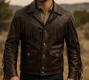 Luxury <b>Men</b>’s Genuine <b>Leather</b> Fringe <b>Jacket</b> <b>Brown</b> Western Cowboy Style Vintage Tassel Outerwear for <b>Men</b> - Product Image 1