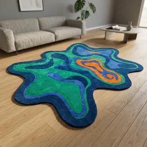 Alfombra de Lana Tufted con Forma Abstracta Personalizada, Azul, Verde, Naranja, Alfombra Moderna Irregular, Alfombra de Diseño Hecha a Mano para Sala de Estar - Product Image 2