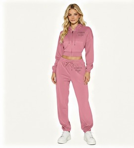 Women's Pink Hooded <b>Tracksuit</b> Set Full Length Solid Color Casual Joggers with Side Pockets 100% Cotton Breathable Autumn Wear - Product Image 4