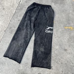 Circ Men's Black Sand Wash Sweatpants Elastic Waist Wide Leg Casual Joggers Heat Transfer Logo Right Leg Autumn Wear - Product Image 1
